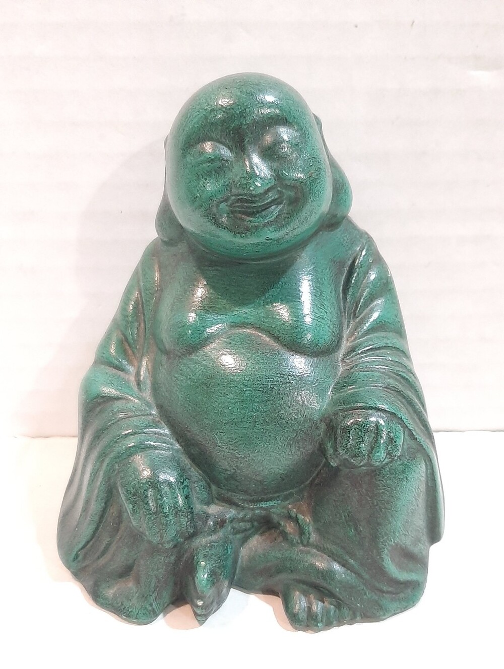 Vintage Happy Buddha Glazed Ceramic Figurine 4.5” Elongated Ears Green 1980s